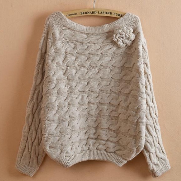 Cable Knit Rose Batwing Off Shoulder Sweater Beige - Picture 2 of 3